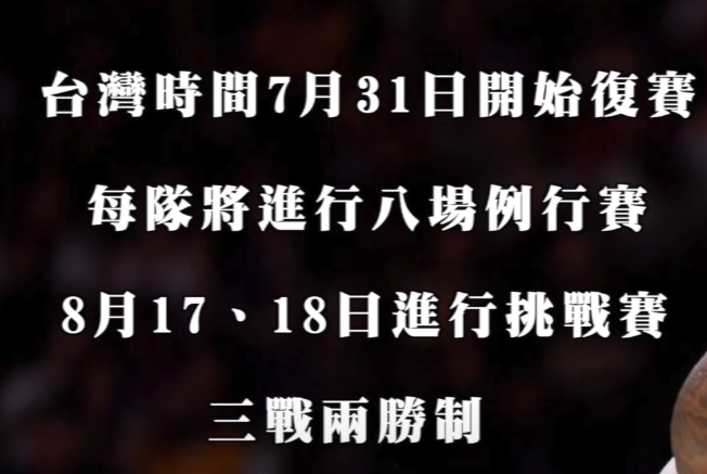 NBA聯盟將在台灣時間7月31日開始復賽，每隊將進行八場例行賽